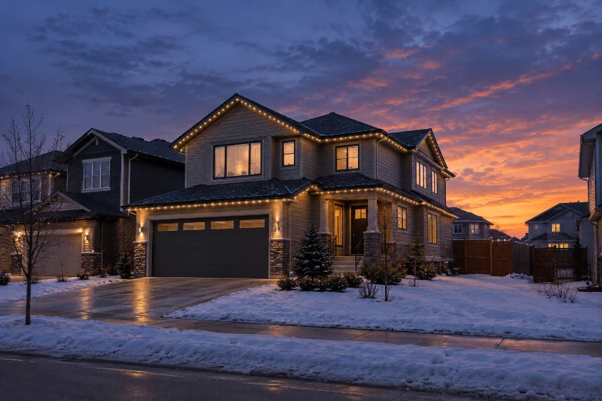 Permanent LED lighting on a Calgary home at dusk